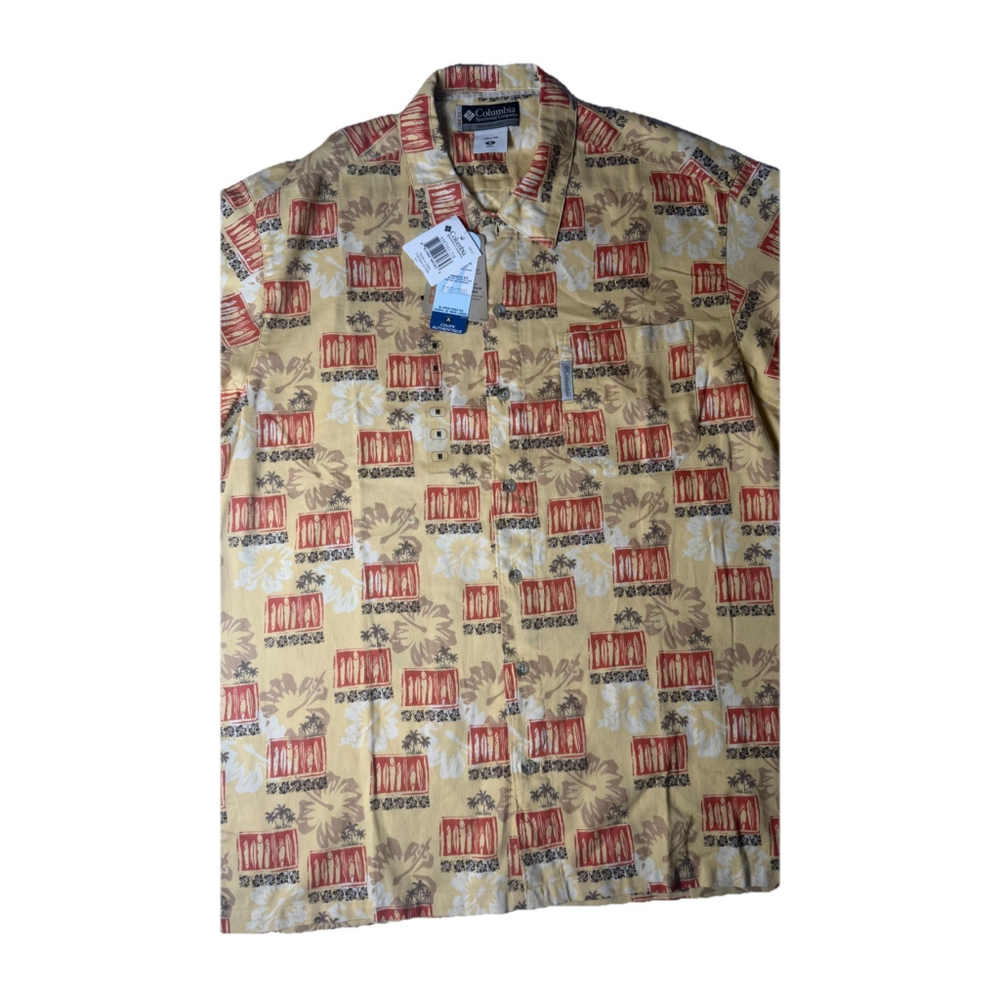 COLUMBIA - Men's Soft Yellow/Multi Cotton Hawaiian Camp Shirt - SIZE Medium Nwt